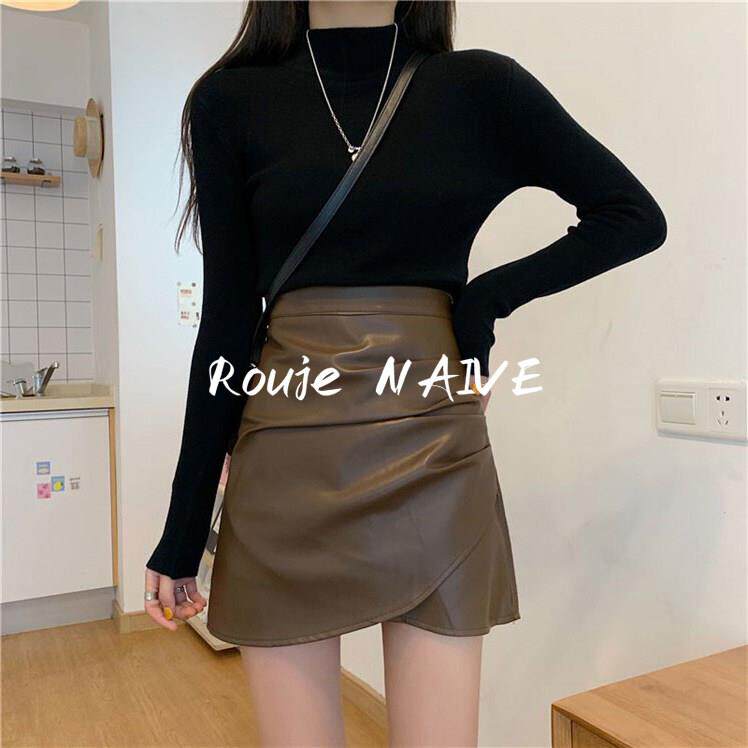 Rouje NAIVE美拉德风高腰A字半身裙女显瘦不规则短裙咖色通勤裙