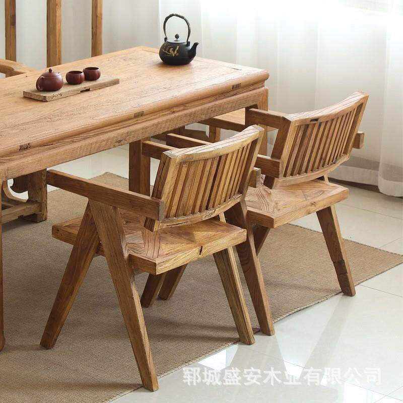 新中式老榆木咖啡桌桌子凳子组合实木餐桌圆桌风化旧木板复古怀旧