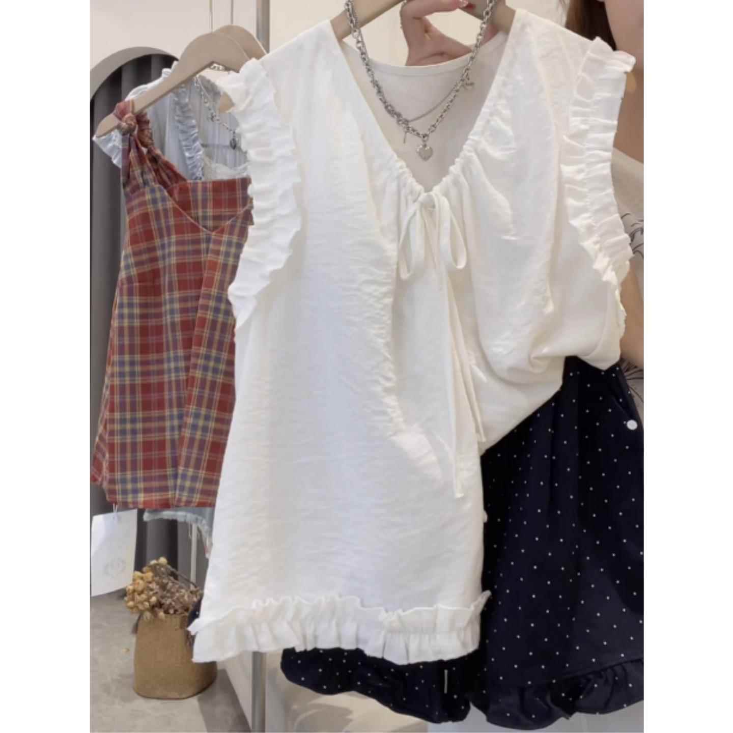 大码胖mm韩系甜美减龄木耳边V领系带无袖衬衫女夏季百搭小众上衣
