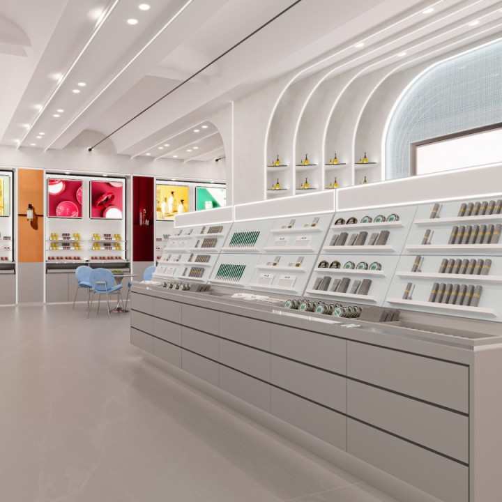 美妆店展示柜彩妆柜烤漆化妆品展柜产品小样中岛柜护肤品货柜定制