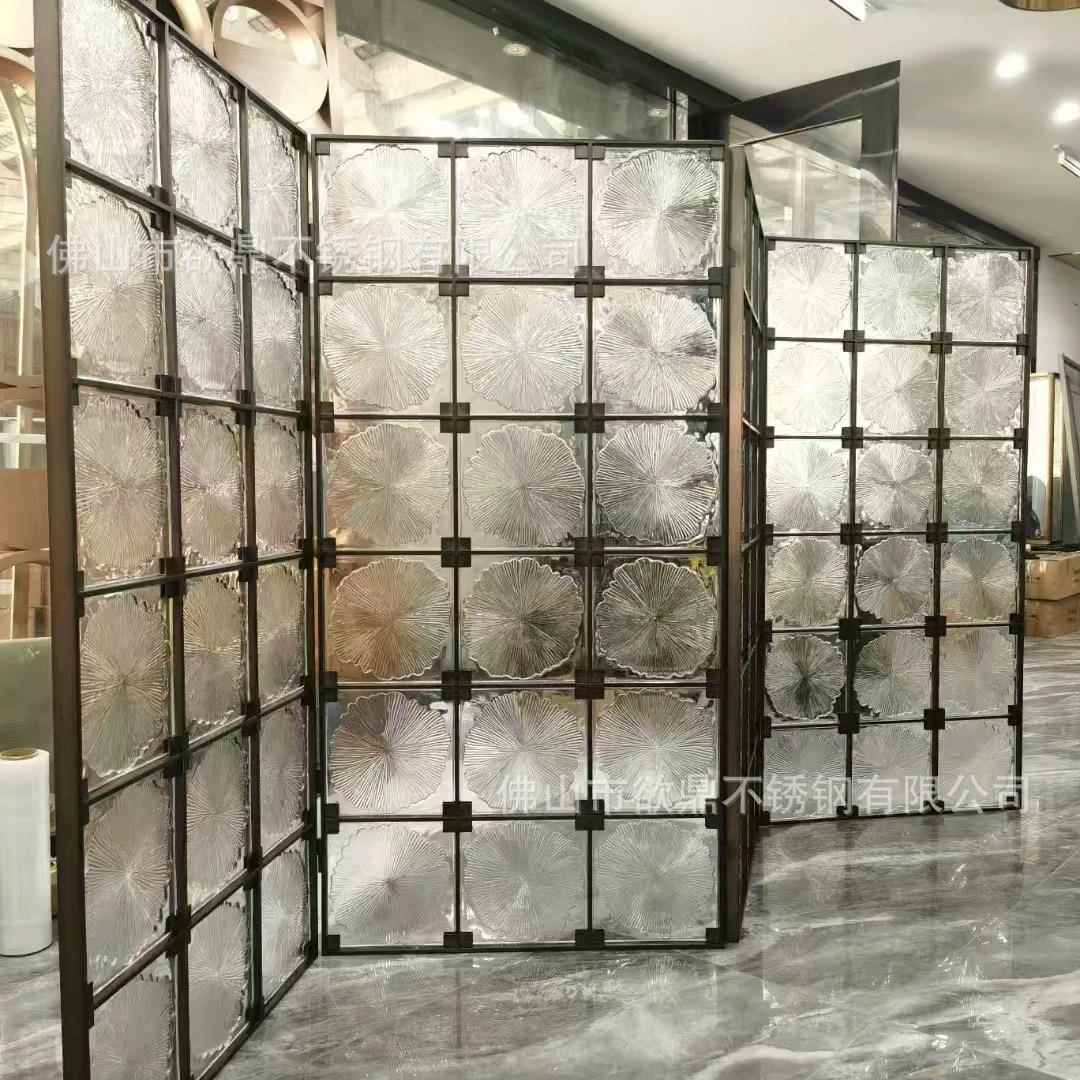 水晶透明隔花叶风方块挂片不锈钢框架屏断00玻莲璃砖酒店折叠屏风