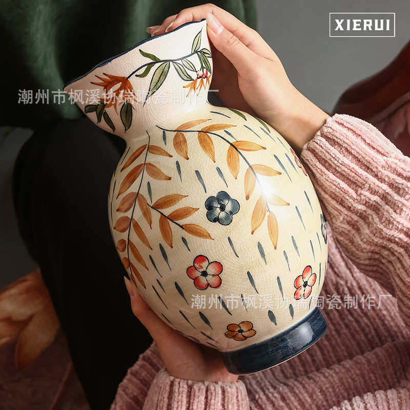 欧美田园风陶瓷手绘花瓶现代轻奢北欧插花花器客厅样板间家居装饰