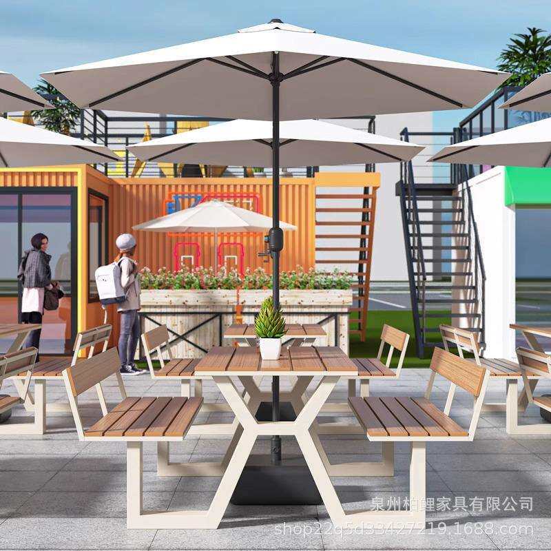户外桌椅组合连体露天庭院防水防晒奶茶店塑木带靠背桌椅外摆一体