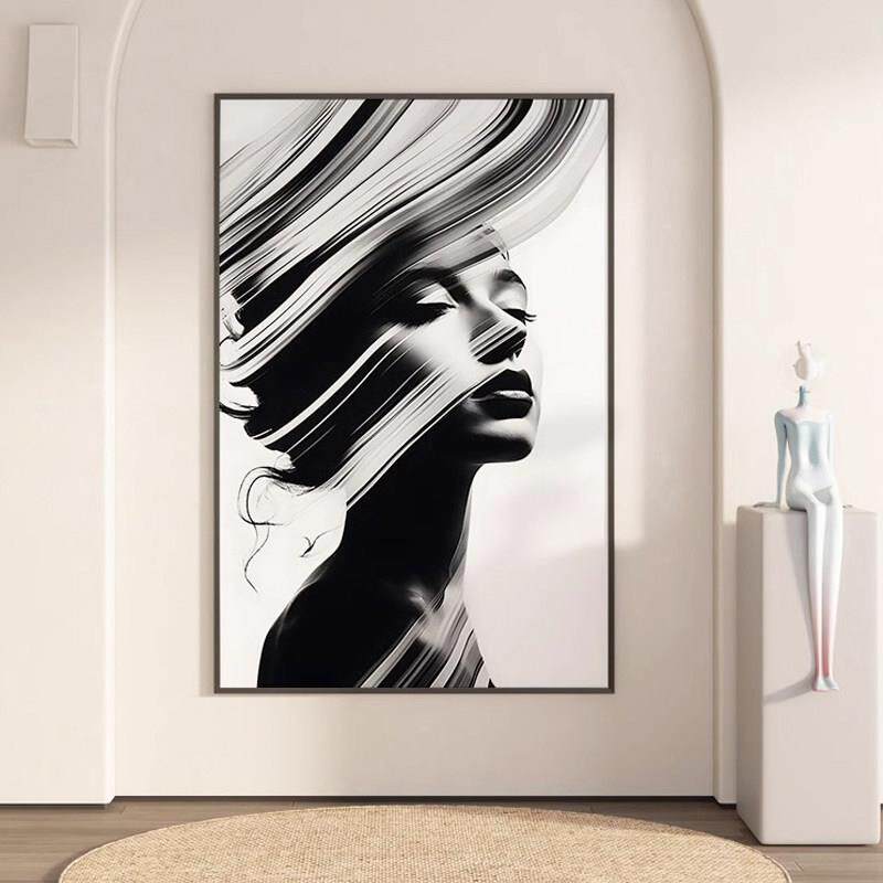 高级感黑白风创意抽象艺术人物客厅装饰画线条理发美发店墙面挂画