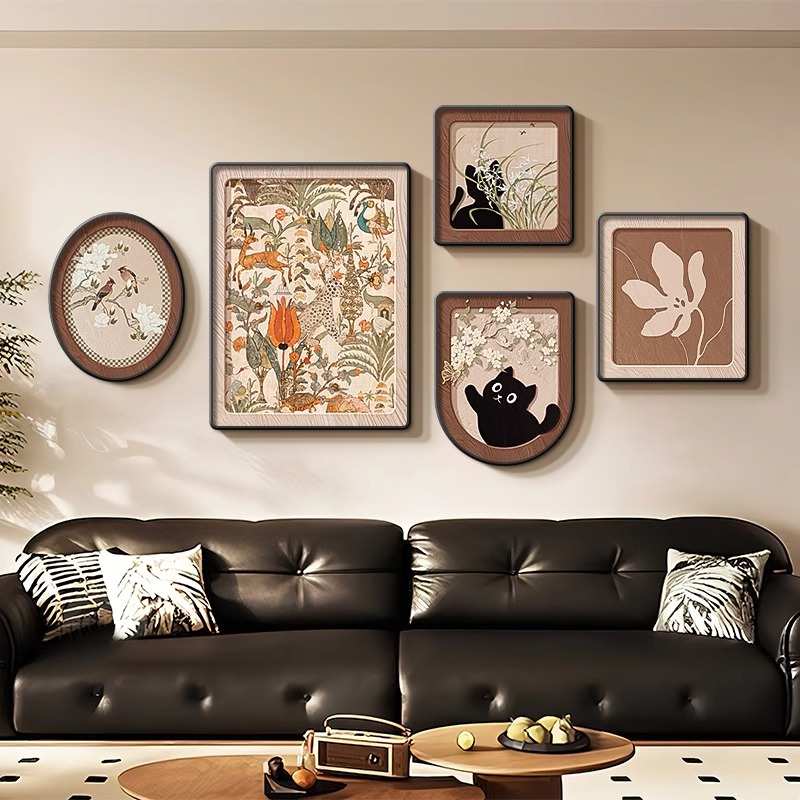 画中古创意风沙小众复古背景猫咪组合卡通装饰画发墙挂画绿色客厅图片