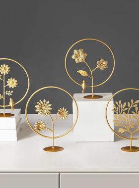 客厅高级感柜子摆件冰箱顶上面的摆件北欧轻奢铁艺树叶客厅酒柜玄