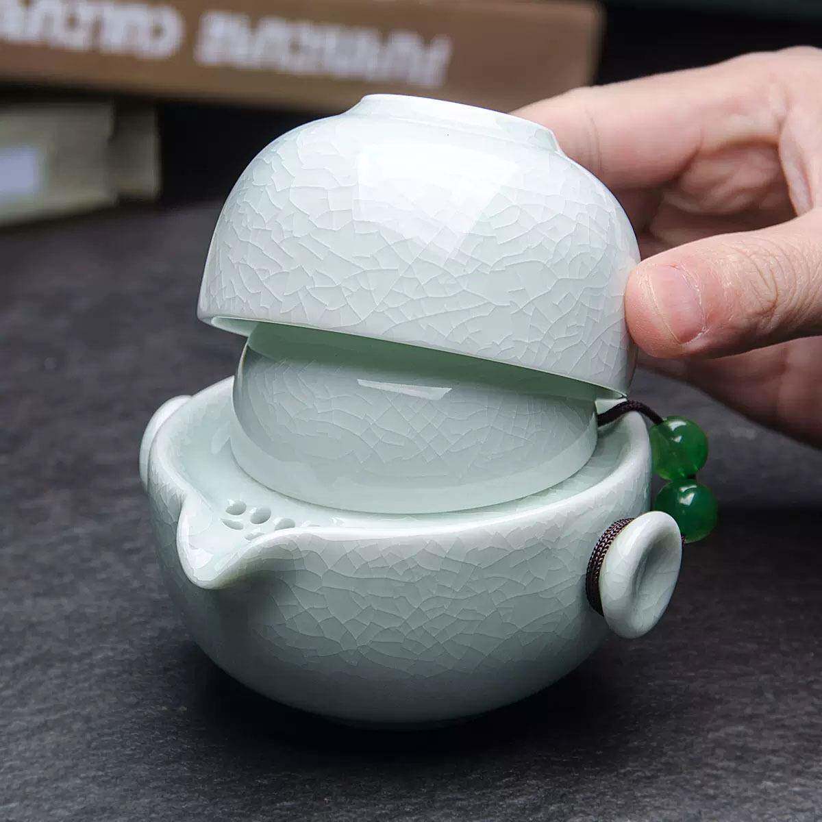 汝窑快客杯一壶二杯便携包户外旅行陶瓷茶具套装家用办公茶杯茶壶