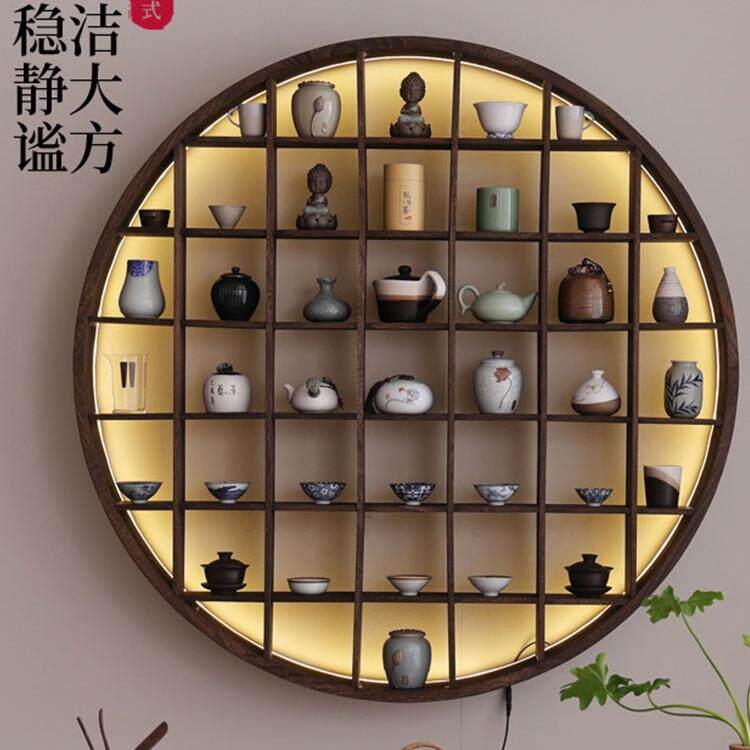 圆形博古架实木中式壁挂式置物架仿古董架多宝阁挂墙简约茶壶架子