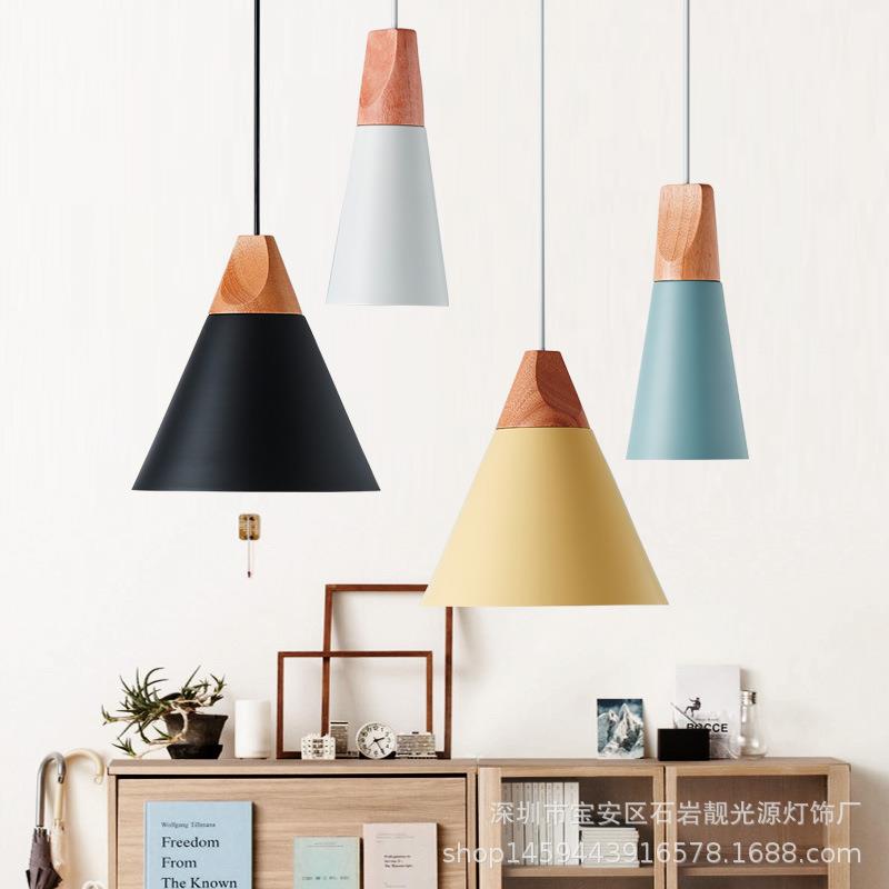 现代简约铝材实木头灯罩小吊灯前台橱收银台窗创意个性单头餐吊灯