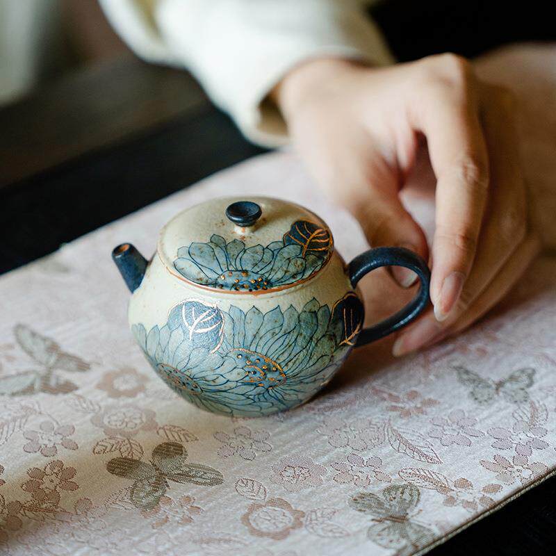 青花火石红描金纯手绘荷韵茶壶家用创意单个泡茶器陶瓷泡茶壶