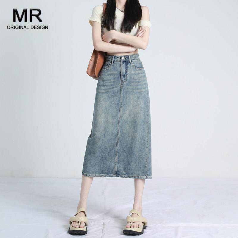 高腰后开 叉牛仔半身裙女2025夏季新款薄款小个子中长版a字包臀裙