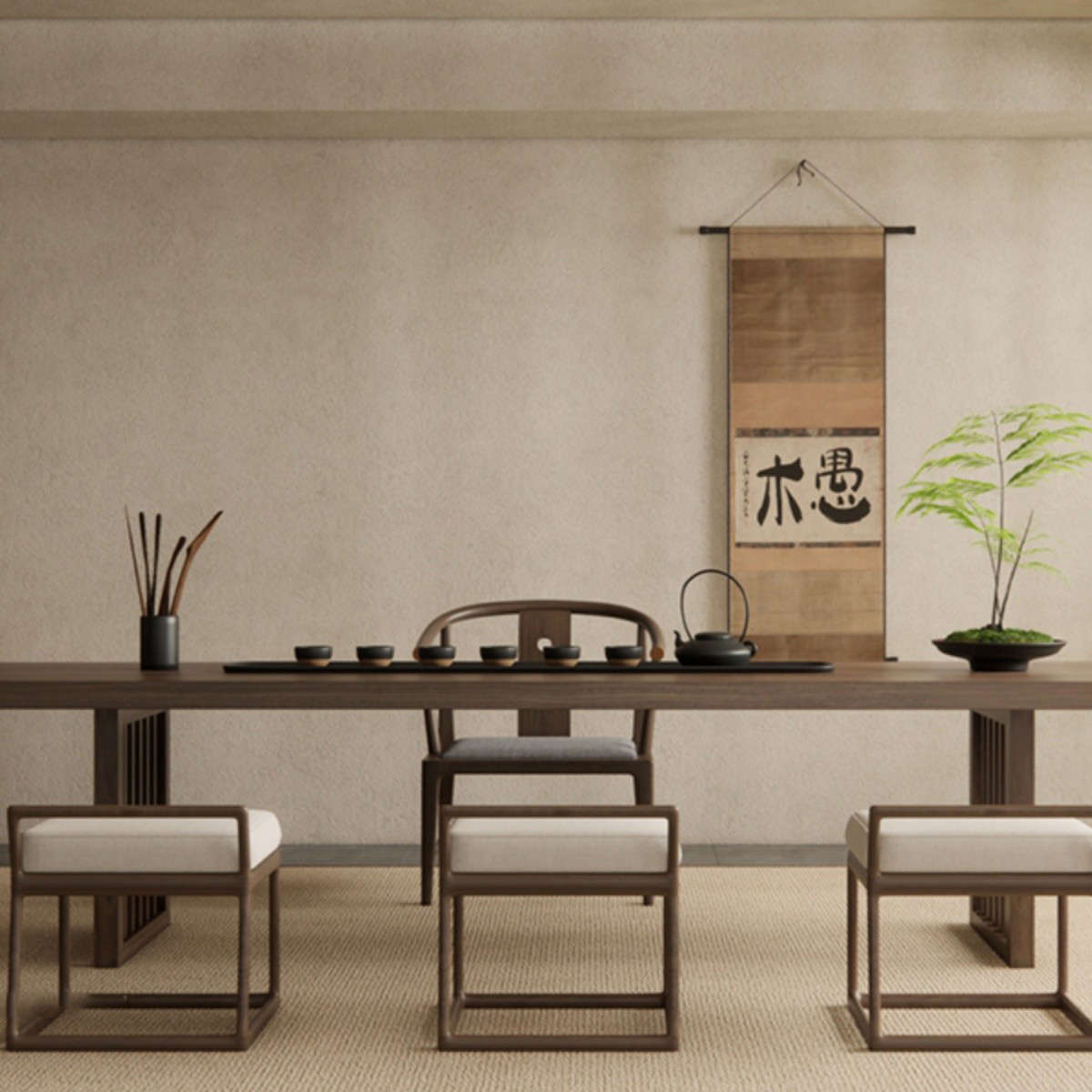 新中式茶桌椅组合北美黑胡桃木简约办公室禅意高端大板桌家具轻奢