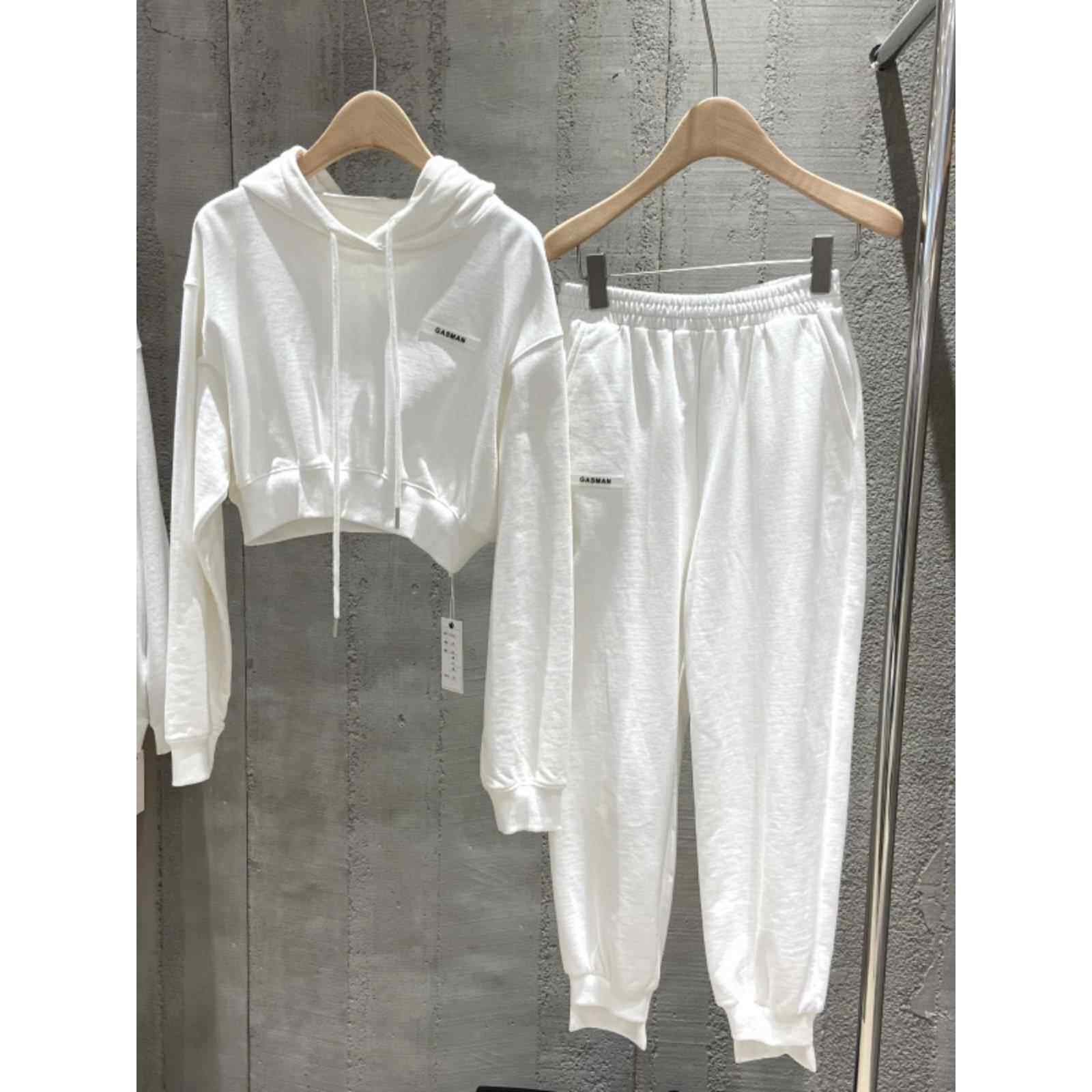 香港2025春秋新款韩版白色连帽卫衣卫裤套装女休闲时尚运动两件套