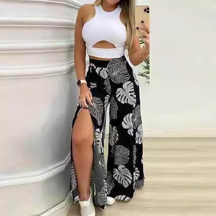 Womens Solid Crop Top Leaf Print Wide Leg Pants TwoPiece Set