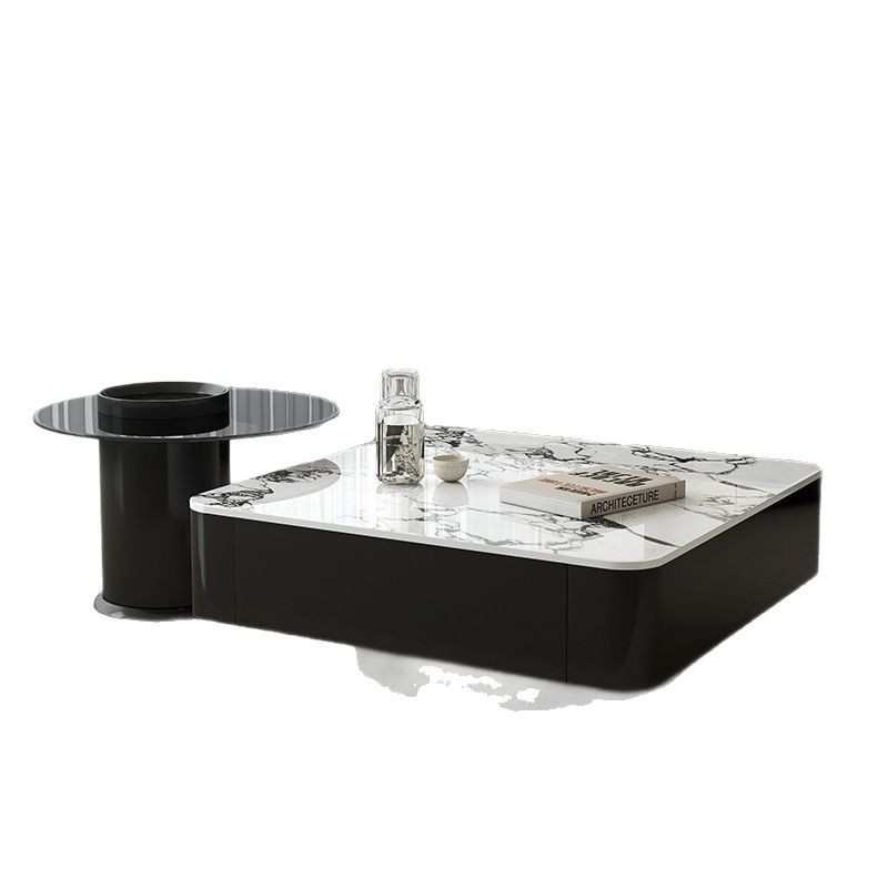 意式轻奢茶几正方形现代客厅黑色玻璃组合简约极简岩板高级小户型