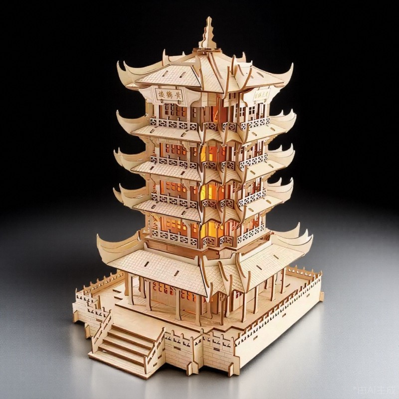黄鹤楼儿童益智木制立体拼图DIY建筑拼装模型木质拼图3D手工送人