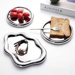 ins简约首饰托盘摆件收纳轻奢复古银色陶瓷饰品盘子装饰创意