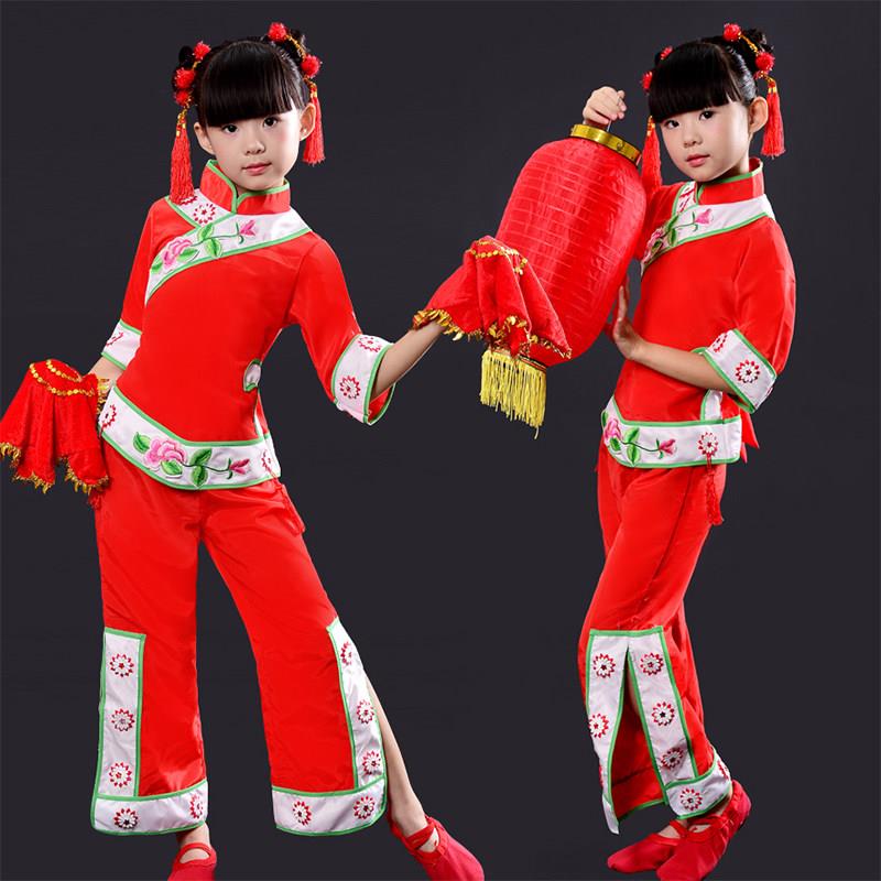 元旦儿童喜庆演出服女童红色秧歌服灯笼舞蹈服装民族开门红表演服