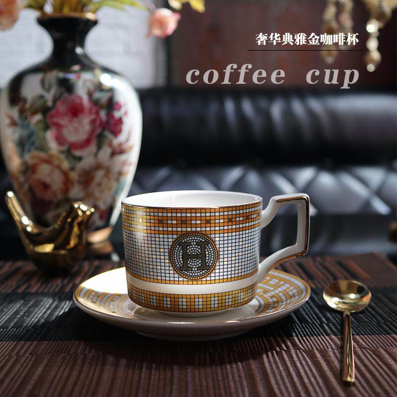 欧式金色马赛克咖啡杯碟套装奢华家用陶瓷杯碟勺带杯架轻奢复古风