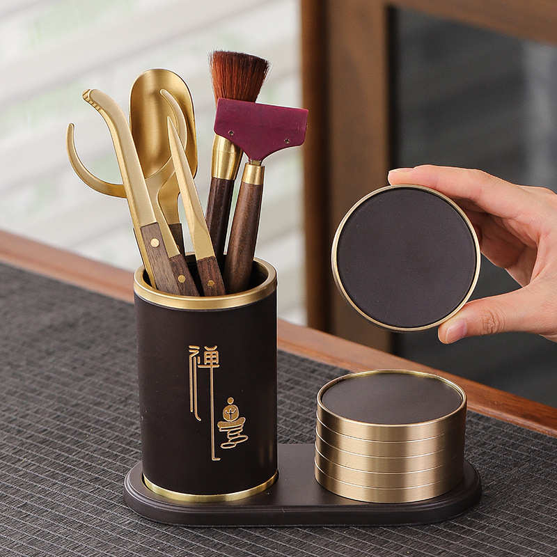 高档电木茶道六君子杯垫套组泡茶工具大全黄铜茶杯托功夫茶具配件