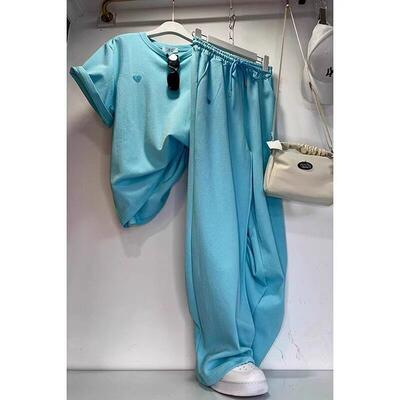 TOUCH MISS夏季新款运动套装女多巴胺蓝色t恤阔腿裤休闲服两件套