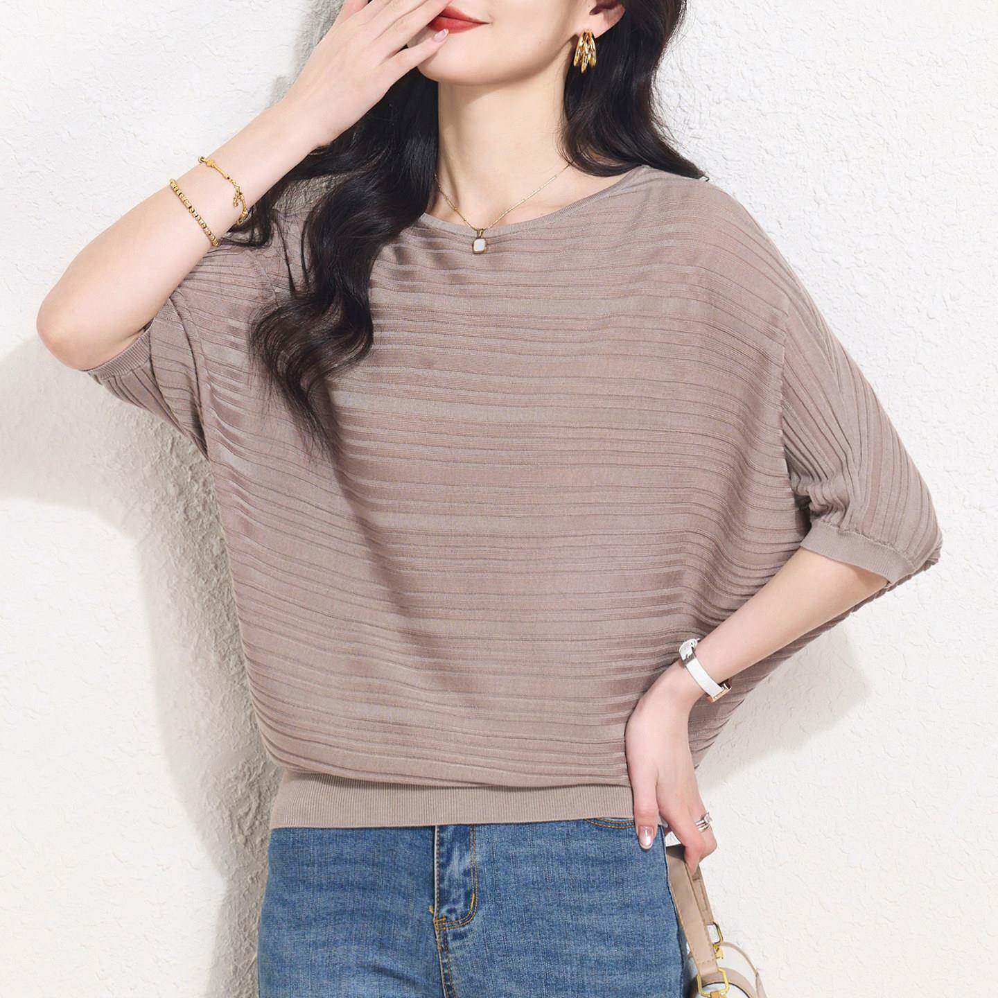 桑蚕丝短袖t恤女夏季莱赛尔针织宽松慵懒风条纹外穿蝙蝠天丝上衣