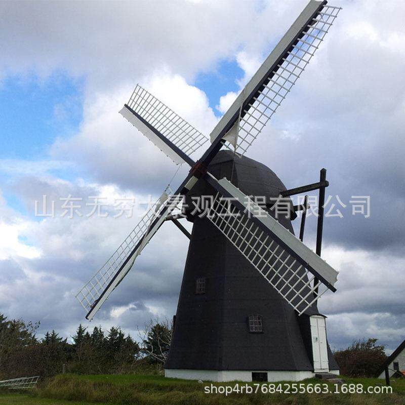 厂家制作园林铁艺防腐木大风车 公园景区仿真荷兰景观落地摆件
