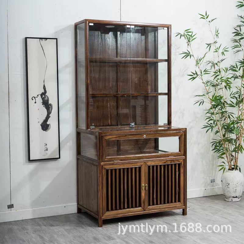 老榆木长方形珠宝展示柜新中式首饰柜商店货柜榆木家具储物玻璃柜
