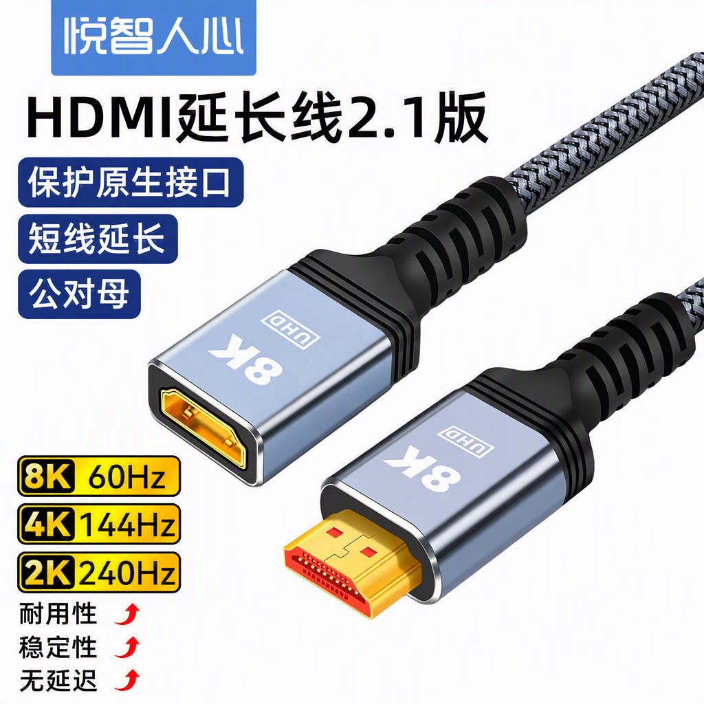 悦智人心电视机hdmi延长线2.1版公对母8k电脑显示器投影仪4K60