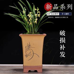 宜兴紫砂简约花盆兰花盆君子兰点彩高四方室内绿植盆景 包邮