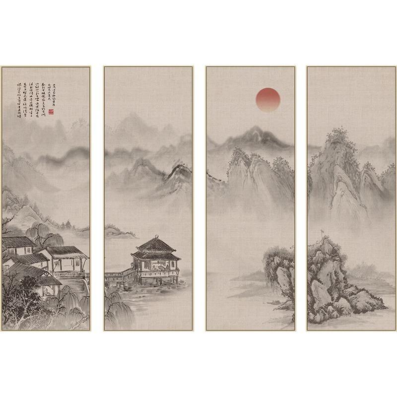 流水生财新中式沙发背景墙装饰画客厅山水风景挂画办公室中堂壁画