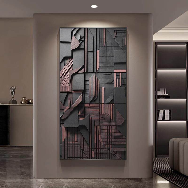 高级木块玄关装饰画现代轻奢入户过道走廊挂画抽象立体感竖版壁画