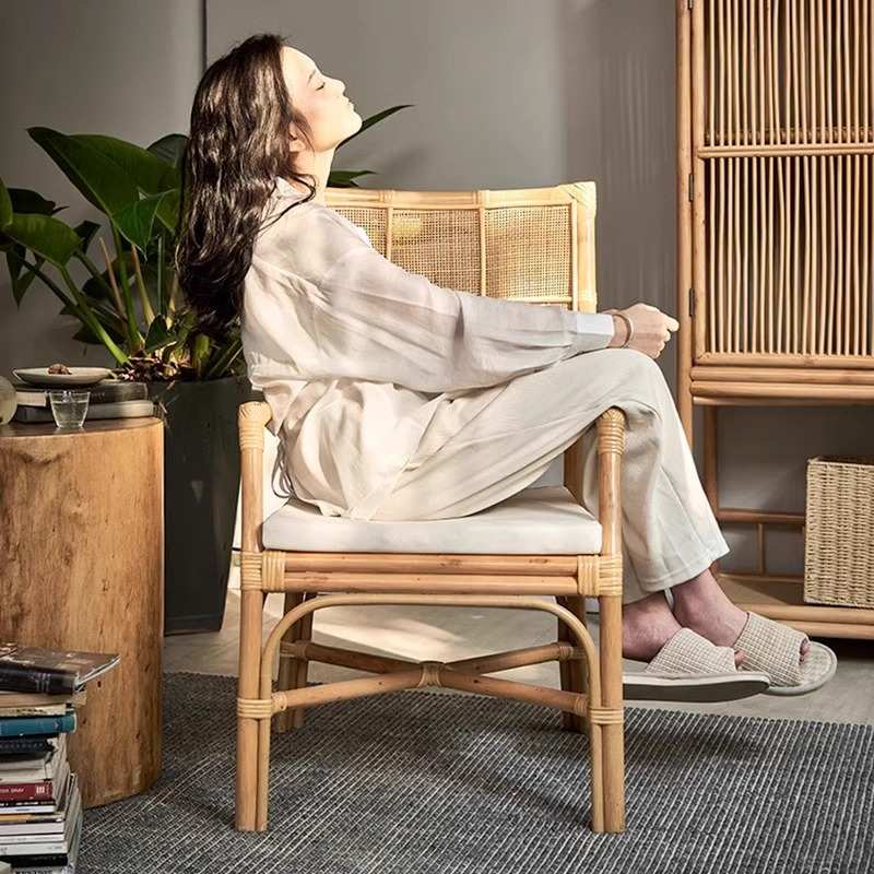 北欧日式藤编椅子复古天然真藤休闲藤椅民宿茶室侘寂风单人扶手椅