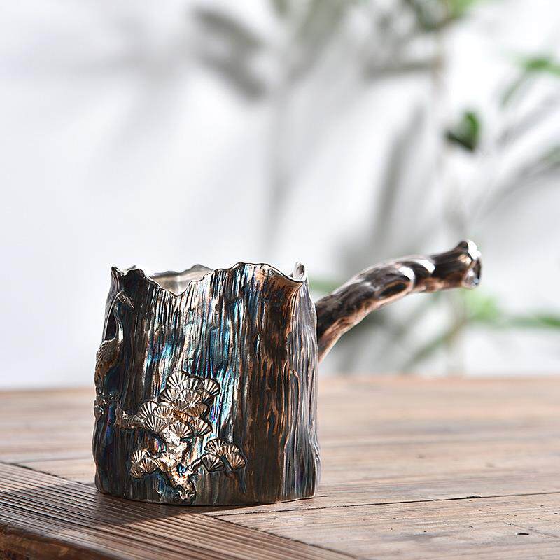 陶瓷鎏银做旧侧把松鹤公道杯大号锤目纹大号分茶器茶海窑变匀杯