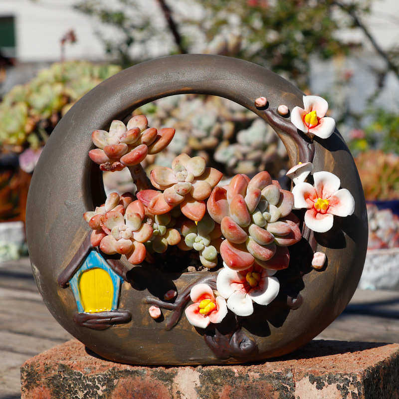 创意粗陶多肉花盆卡通设计精美陶瓷花盆包包盆手工装饰摆件