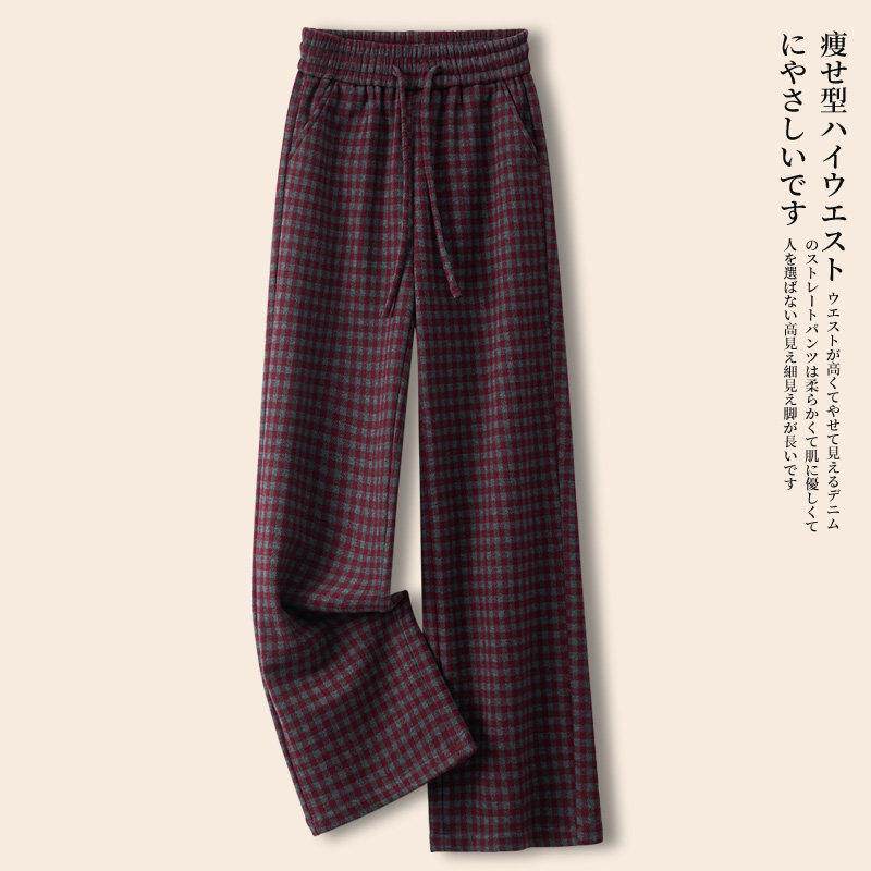 高档通勤安可拉红毛呢格子阔腿裤女士秋冬新款加厚加绒休闲拖地裤