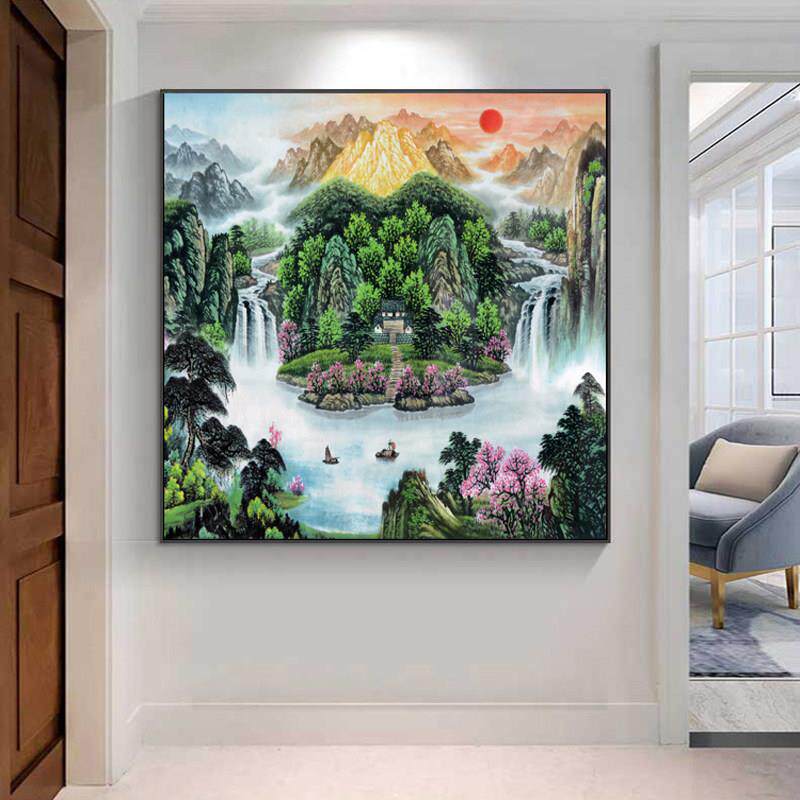 八方聚财鸿运当头挂画 画玄关流水生财聚宝盆招财旭日东升国画 画