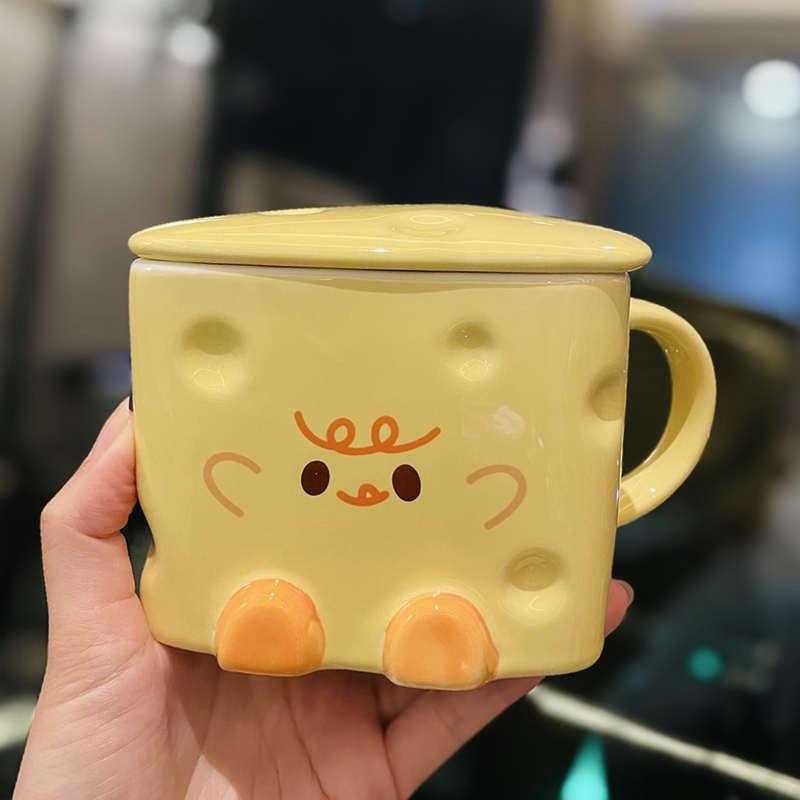 卡通奶酪芝士陶瓷喝水杯子可爱女生马克杯带盖家用早餐牛奶燕麦杯