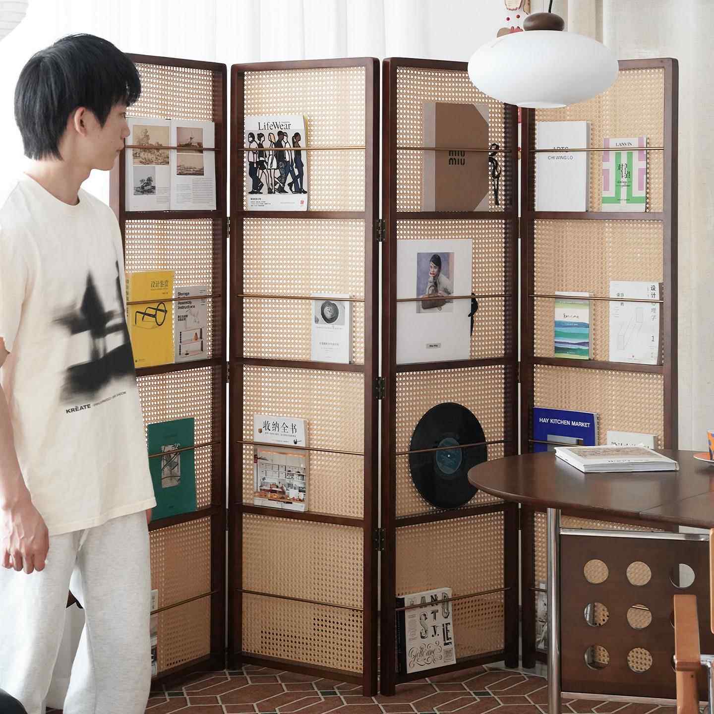 折叠藤编软隔断式小屏风日式客厅玄关移动卧室中古遮挡板置物书架