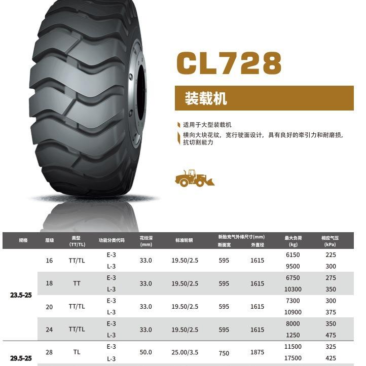 朝阳工程装载机斜交轮胎CL728多规格23.5-25-20/29.5-25-28现货供
