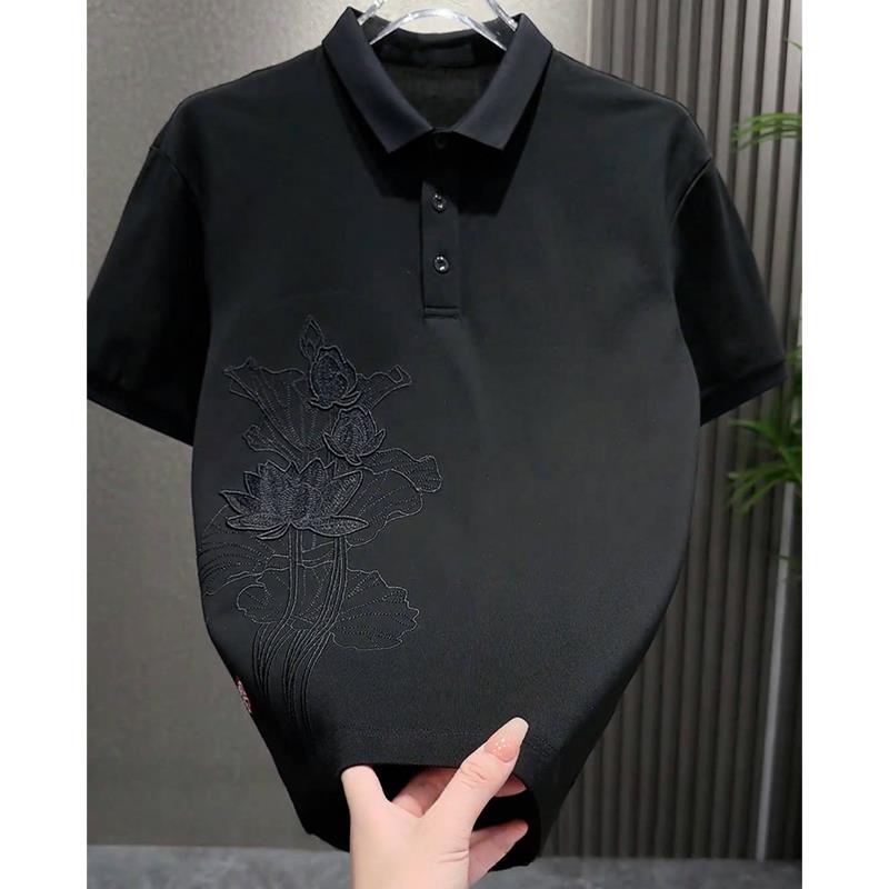 短袖polo衫男款夏季2025新款荷花刺绣高级感半袖T恤男痞帅简约潮