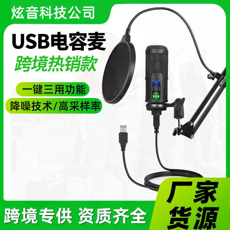 跨境USB电容麦克风话筒套装 K歌录音有声书直播192K高采样率声卡