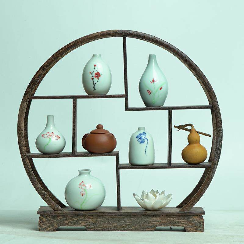 新中式茶室博古架软装饰品家居花瓶客厅展示架玄关桌子实木小摆件