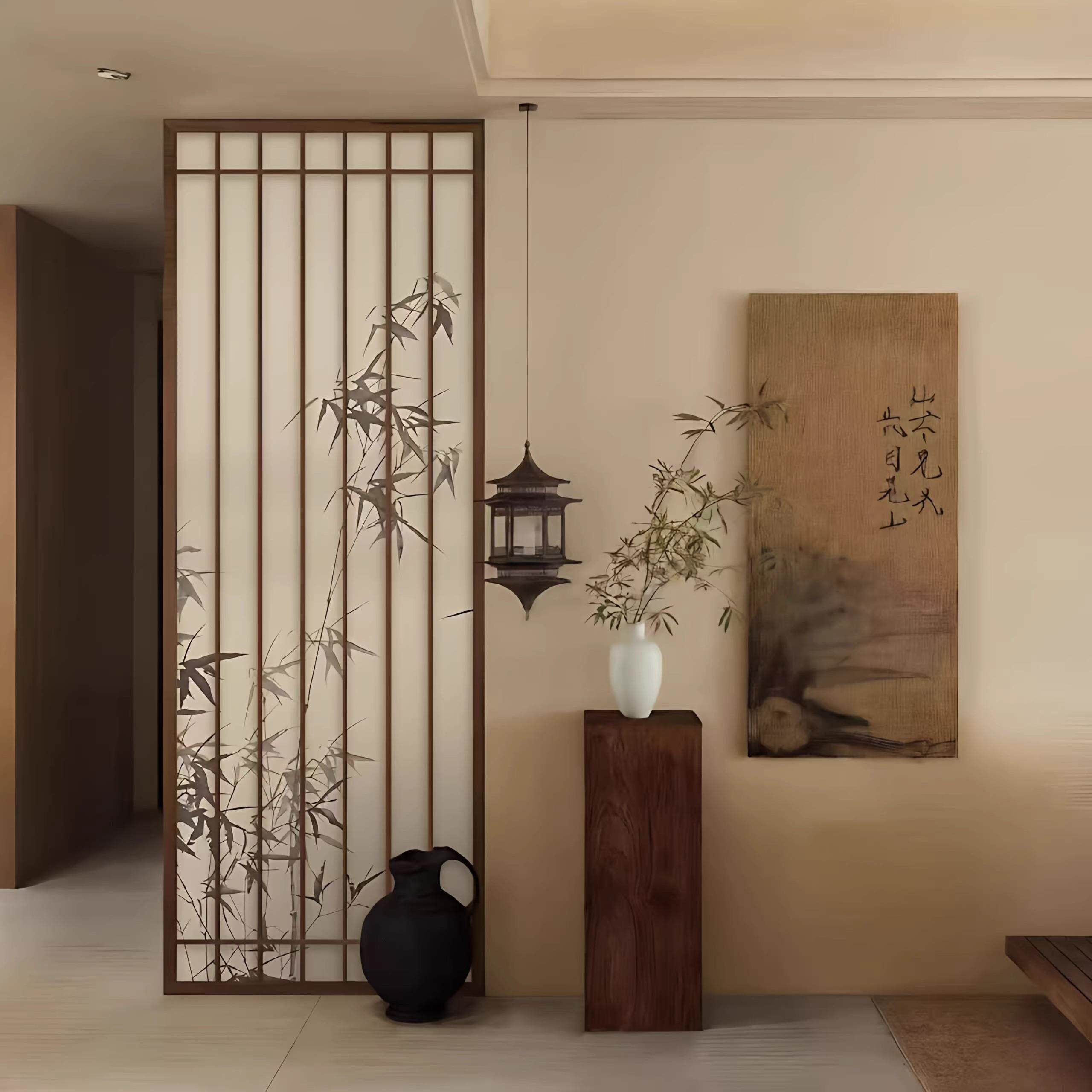 宋式美学屏风隔断餐厅玄关入过道茶室实木座屏新中式复古竹影格栅