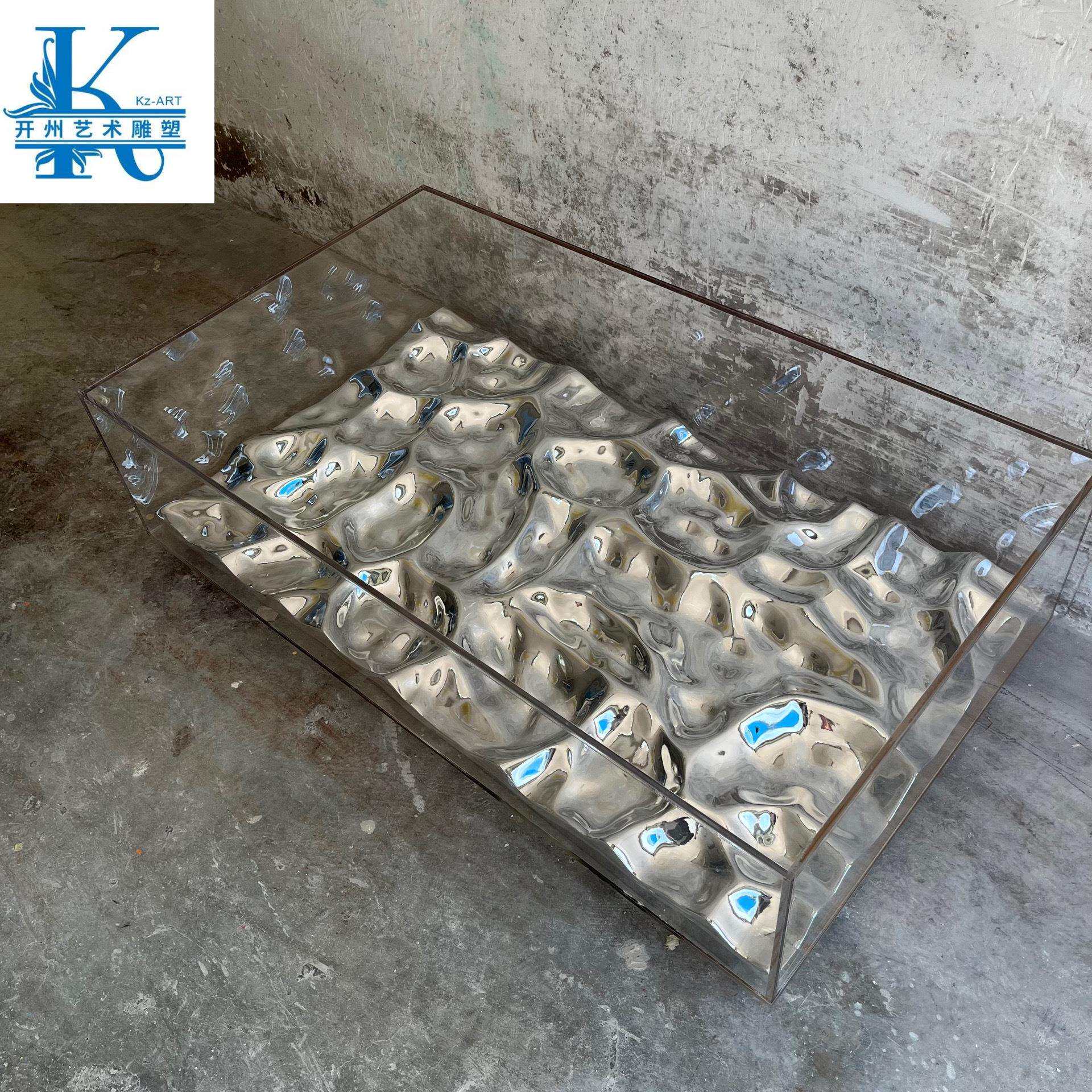 电镀水波纹透明玻璃茶几创意异形轻奢咖啡桌简约艺术摆件客厅茶几