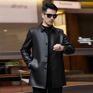 翻领皮夹克男修身 层羊皮装 皮头外套中年爸 KJ男士 秋冬真皮衣8703