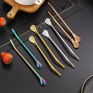 新款直销金属04不锈钢吸管勺花茶甘蔗渣过滤吸管匙咖啡勺可拆卸马