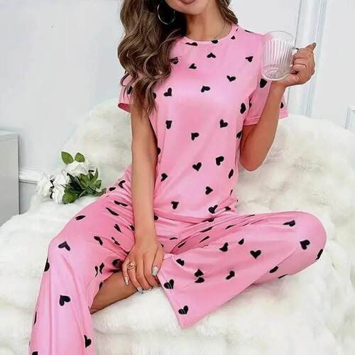 Women Summer Sleepwear Heart Print Pajama Set Short Sleeve T