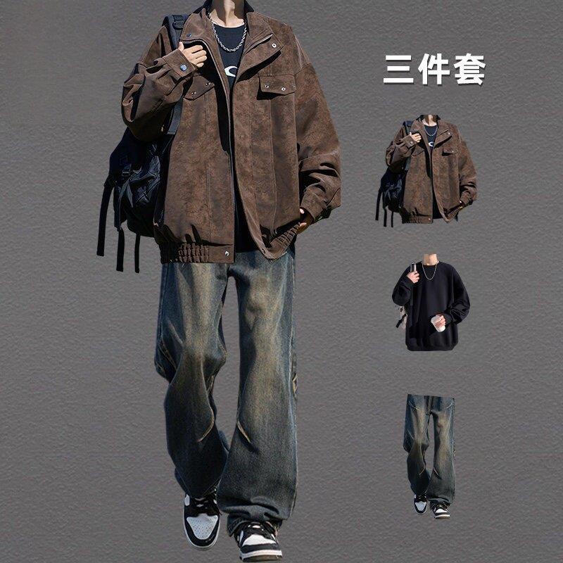 春秋季皮夹克外套男款搭配高街牛仔裤一套男士美式复古休闲套装潮