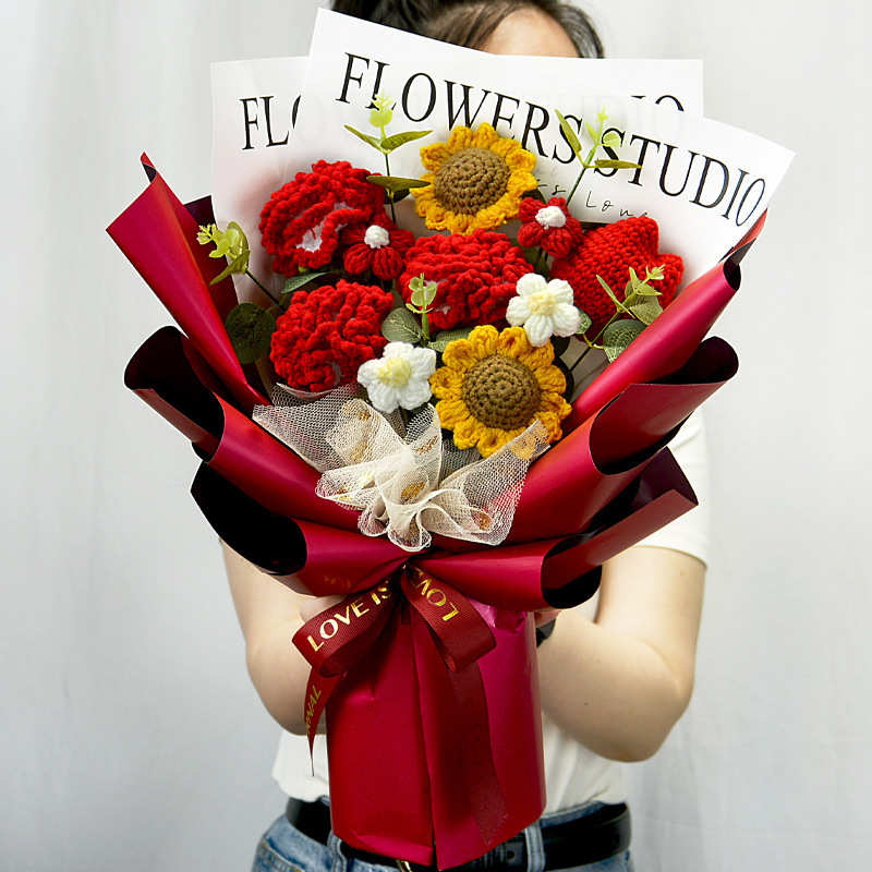 仿真针织花手工编织向日葵毛线花束成品生日婚庆实用外贸